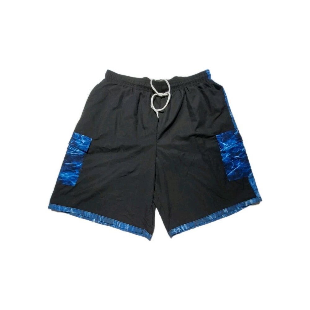 MOSSY OAK FISHING MENS BLUE CAMO SWIM TRUNKS SIZE L DRAWSTRING LINED 4 POCKETS